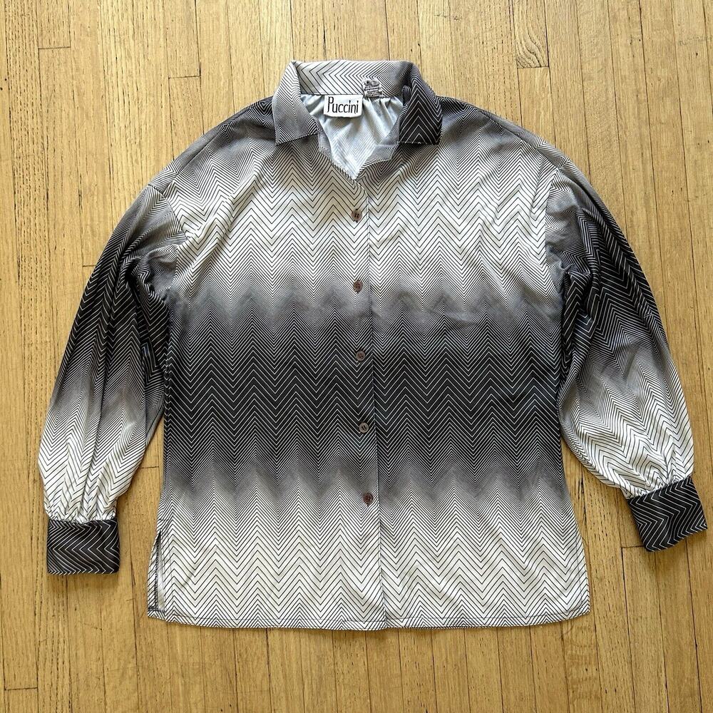 70s Puccini Chevron Blouse Women's Size L Vintage Mod Lightweight